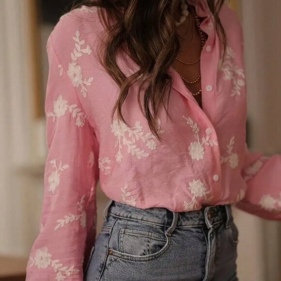 Bestselling Pink Casual Women's Embroidered Ruffle Hem Blouse top - Picture 5 of 6